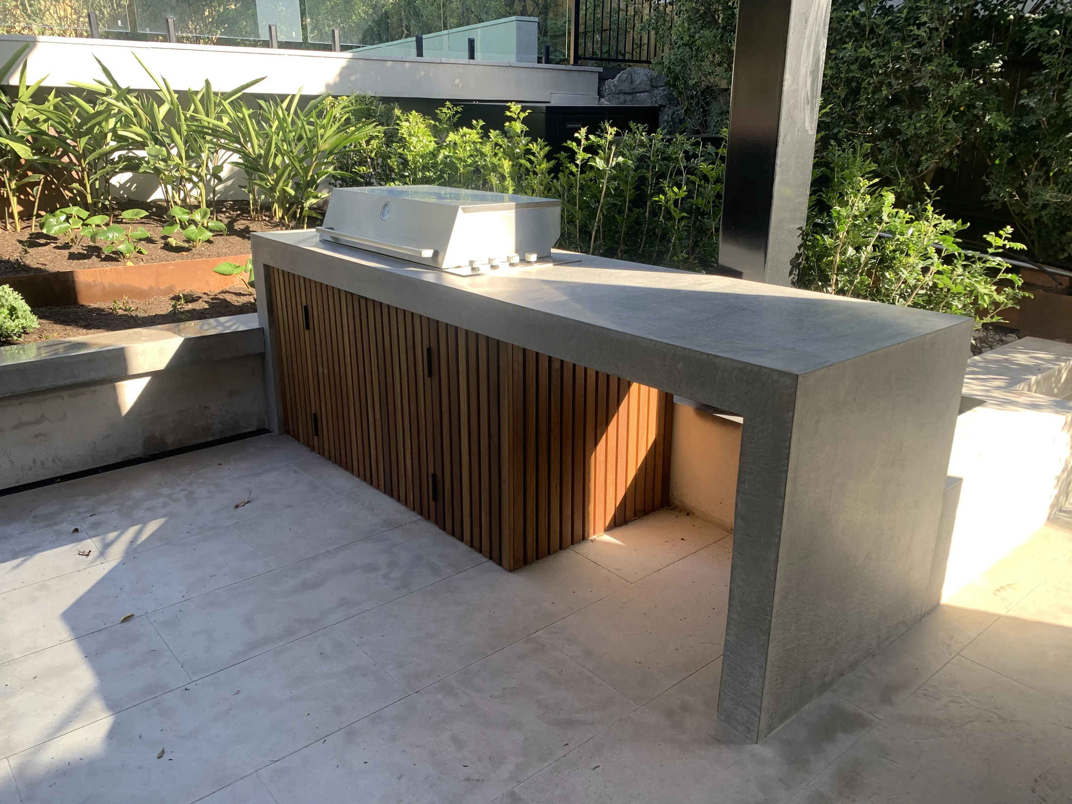 Completed concrete benchtop detail in an outdoor kitchen