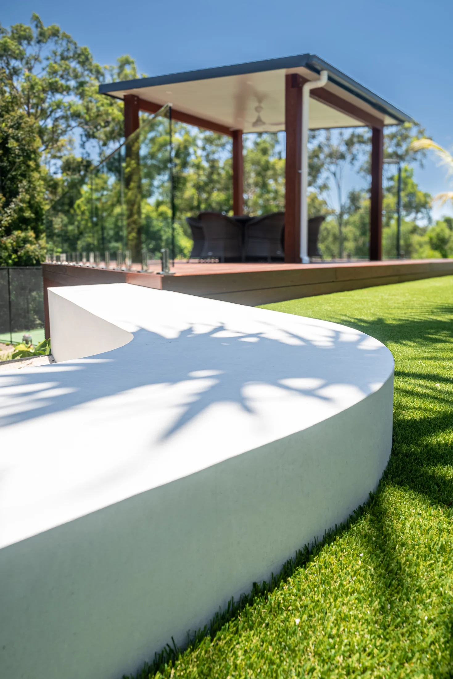 Close view of a hand-finished built-in concrete seat